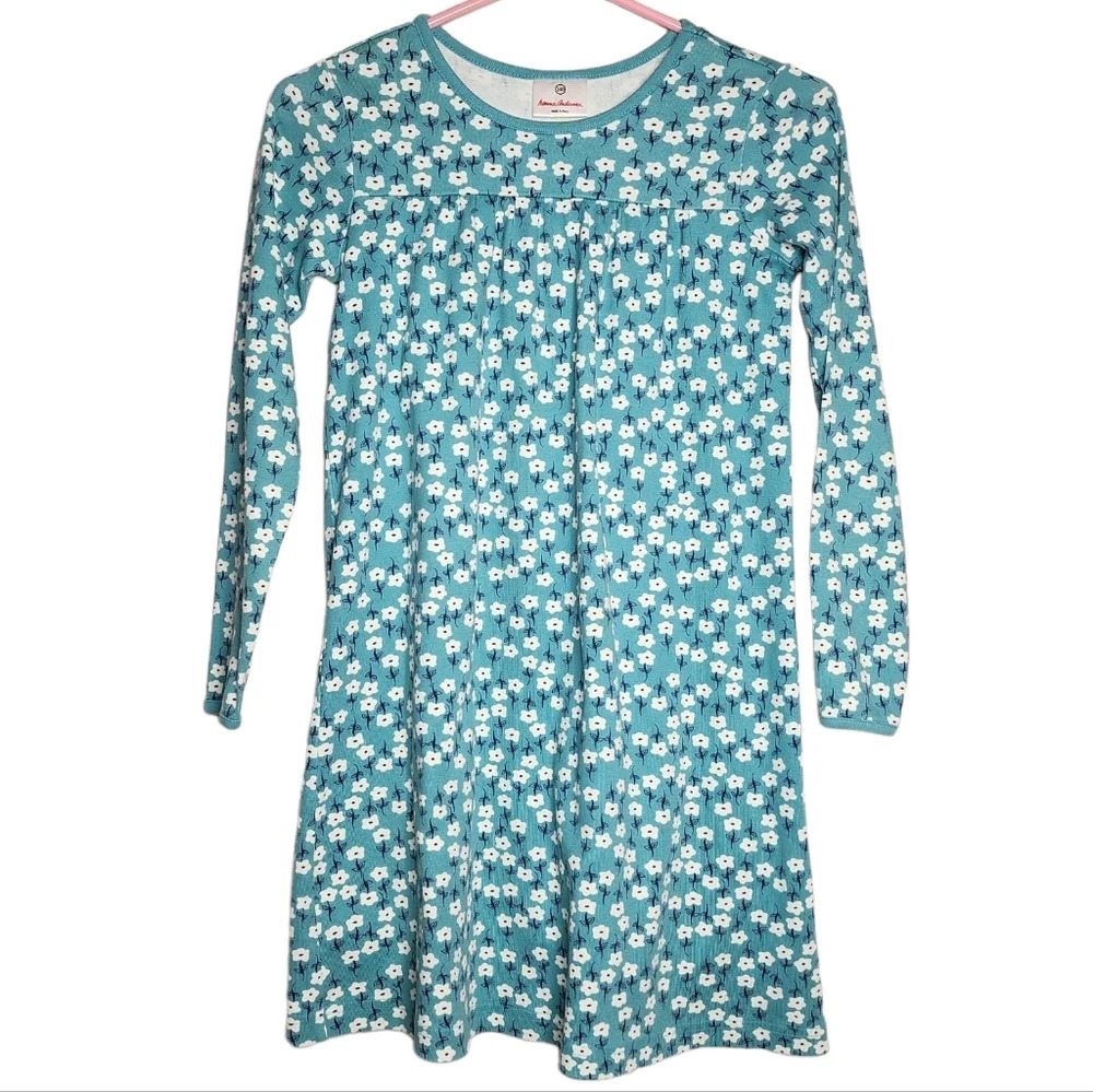 Hannah Andersson blue/white‎ floral cotton stretch long sleeve dress.